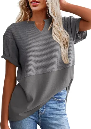 SHEWIN Womens Casual V Neck Waffle Knit Tops Short Sleeve T Shirts Loose Blouses