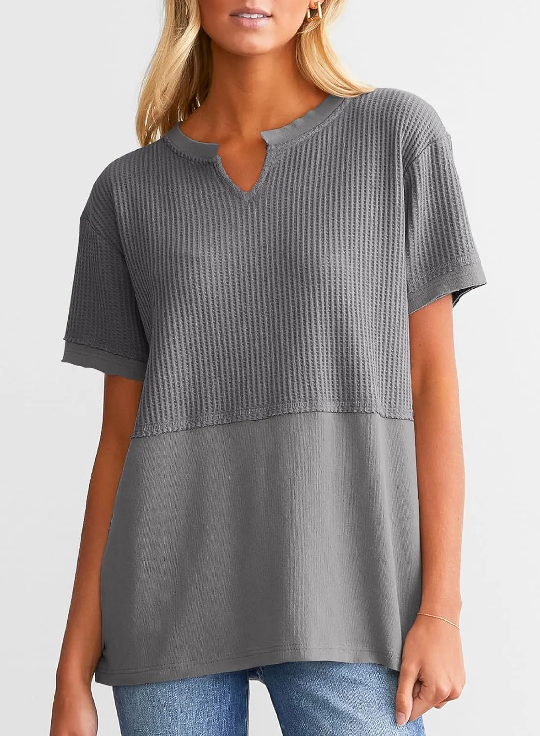 SHEWIN Womens Casual V Neck Waffle Knit Tops Short Sleeve T Shirts Loose Blouses