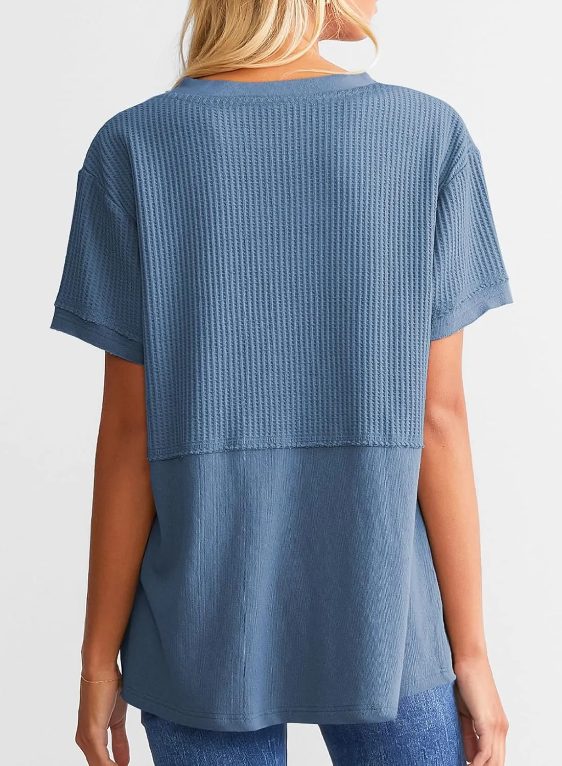 SHEWIN Womens Casual V Neck Waffle Knit Tops Short Sleeve T Shirts Loose Blouses