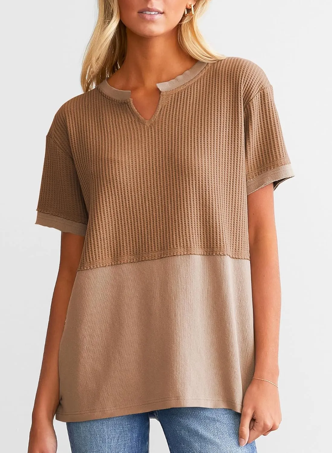 SHEWIN Womens Casual V Neck Waffle Knit Tops Short Sleeve T Shirts Loose Blouses
