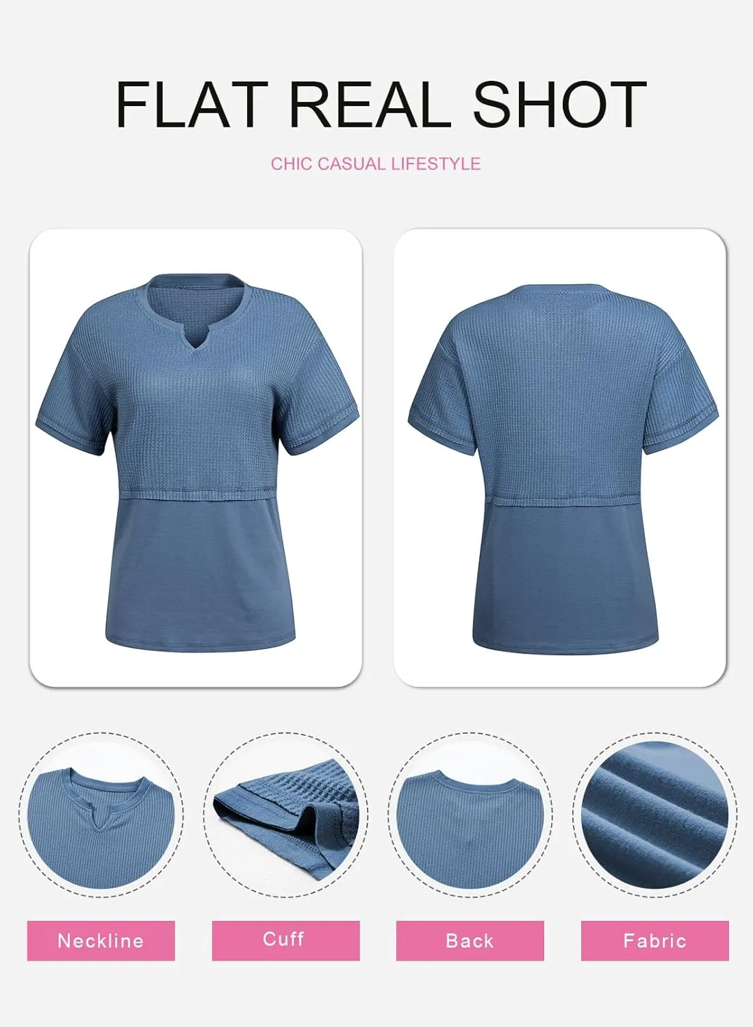 SHEWIN Womens Casual V Neck Waffle Knit Tops Short Sleeve T Shirts Loose Blouses