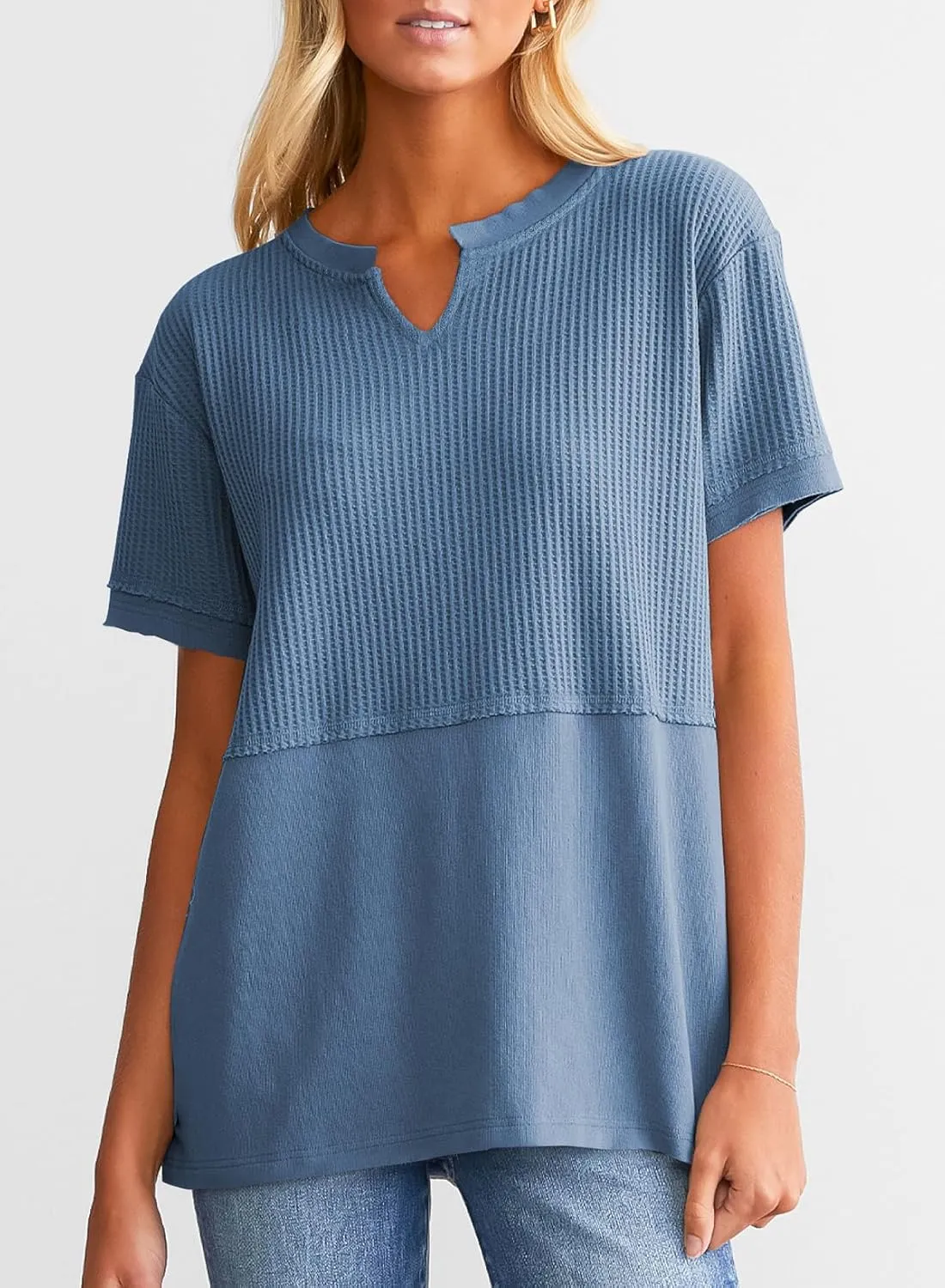 SHEWIN Womens Casual V Neck Waffle Knit Tops Short Sleeve T Shirts Loose Blouses