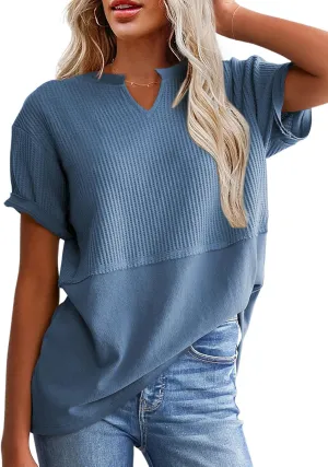 SHEWIN Womens Casual V Neck Waffle Knit Tops Short Sleeve T Shirts Loose Blouses