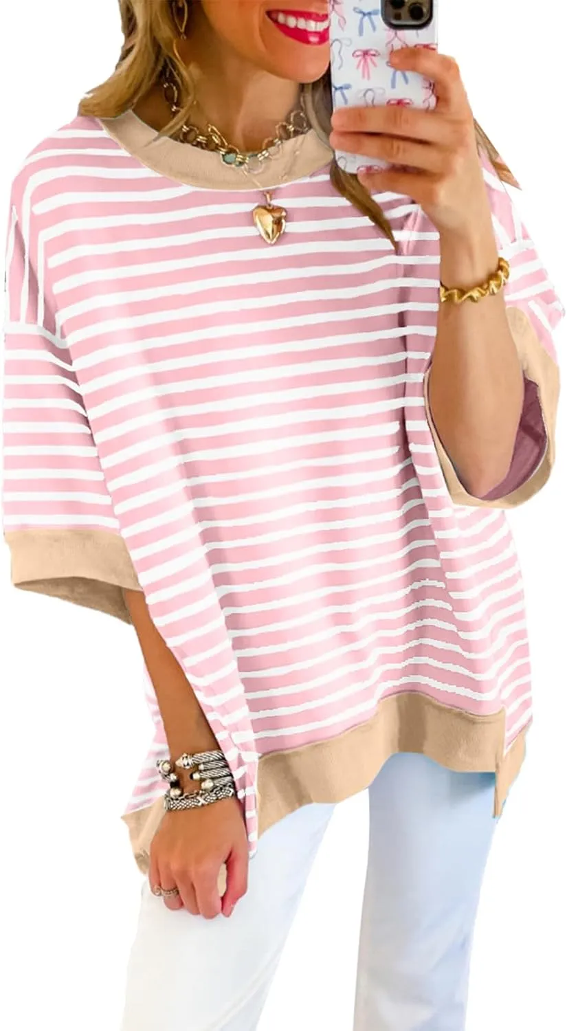 SHEWIN Womens Tops Casual Short Sleeve Sweatshirt Striped Shirt Crewneck Pullover T Shirts Loose Blouses