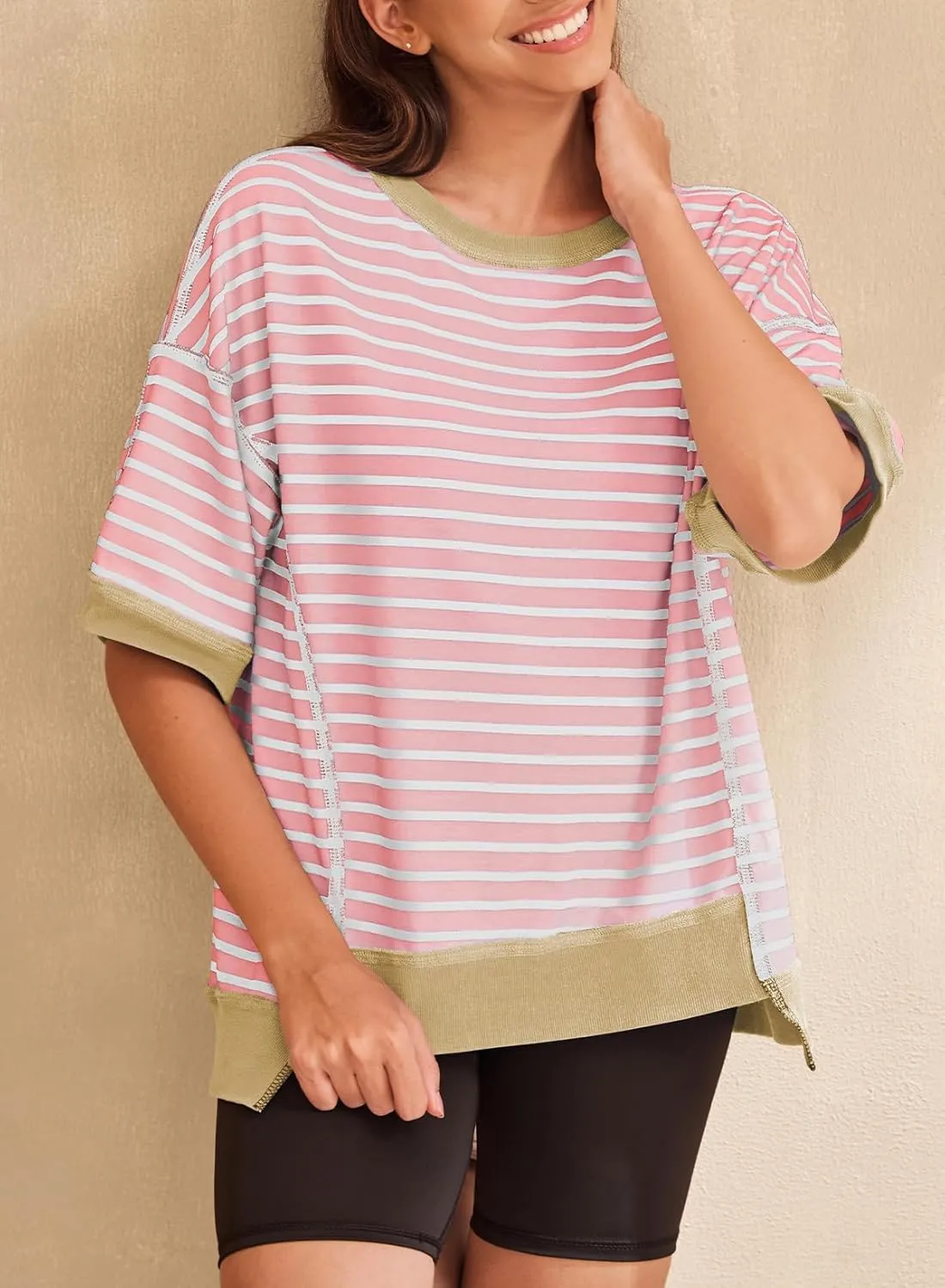 SHEWIN Womens Tops Casual Short Sleeve Sweatshirt Striped Shirt Crewneck Pullover T Shirts Loose Blouses