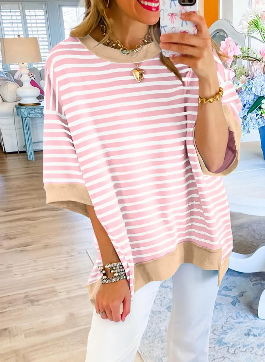 SHEWIN Womens Tops Casual Short Sleeve Sweatshirt Striped Shirt Crewneck Pullover T Shirts Loose Blouses