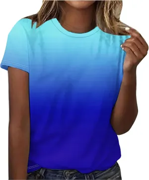 Short Sleeve T-Shirts for Women Trendy Ombre Crew Neck Loose Tunic Shirt Gradient Casual Blouses Vacation Tees