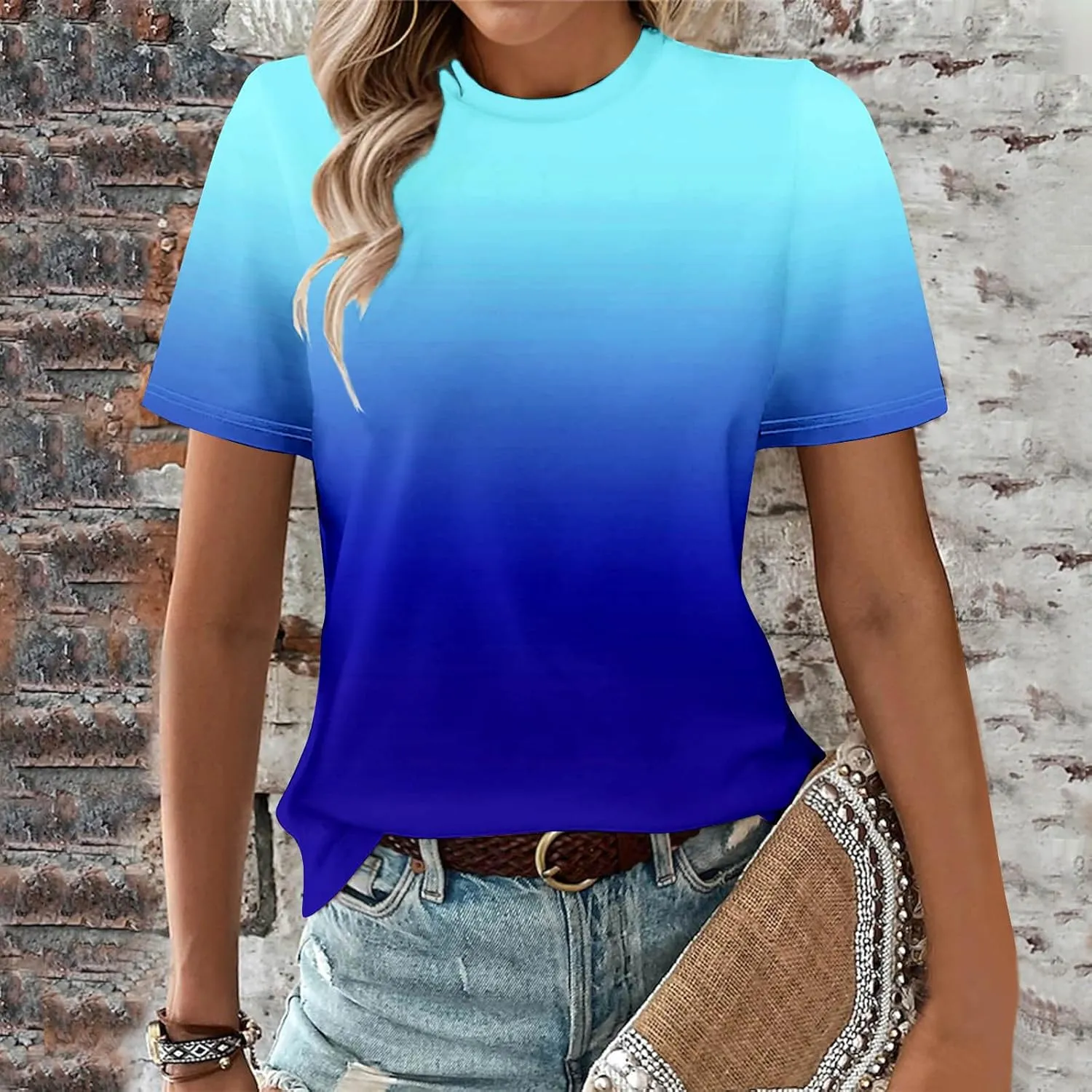 Short Sleeve T-Shirts for Women Trendy Ombre Crew Neck Loose Tunic Shirt Gradient Casual Blouses Vacation Tees