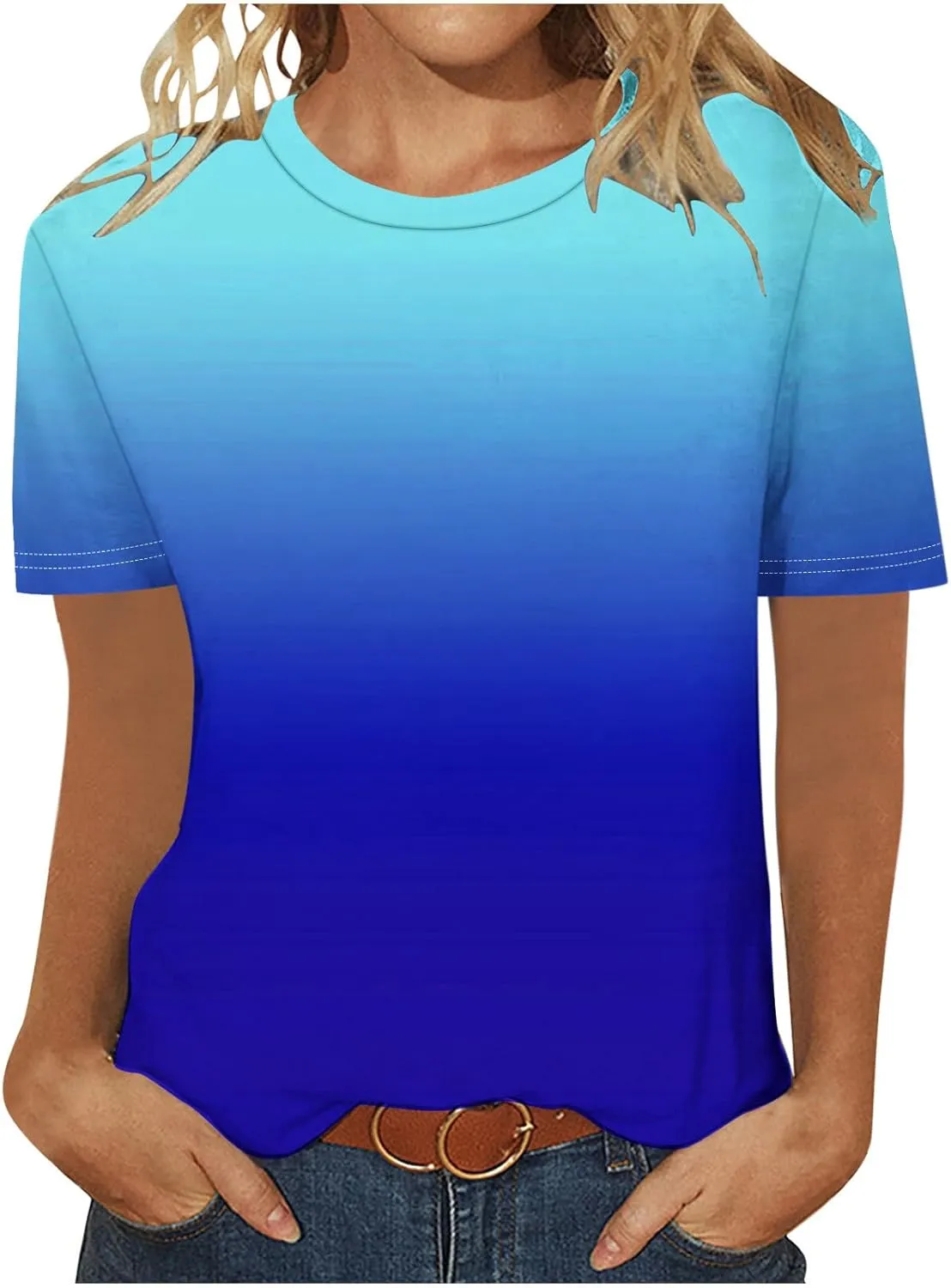 Short Sleeve T-Shirts for Women Trendy Ombre Crew Neck Loose Tunic Shirt Gradient Casual Blouses Vacation Tees