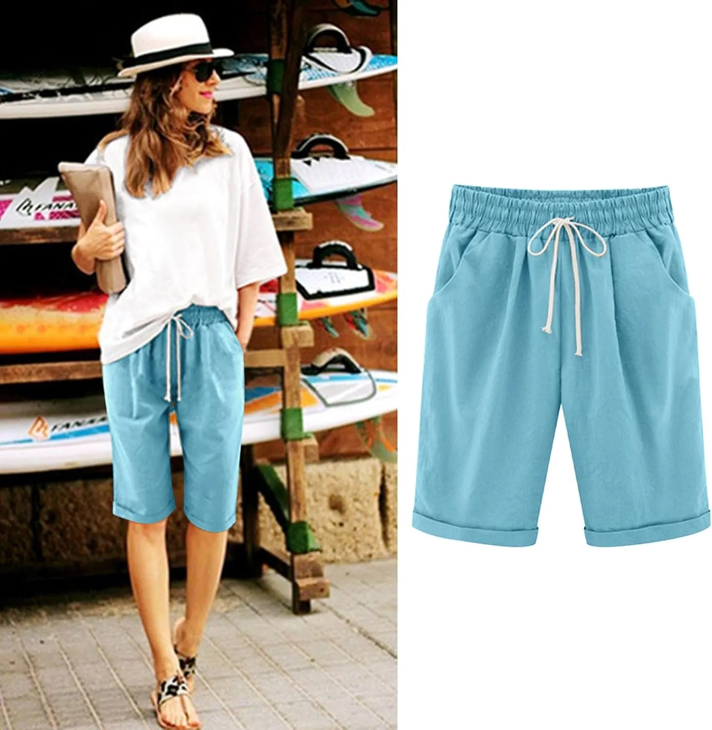 Shorts for Women Summer Beach Lounge Shorts Casual Drawstring Elastic Waist Loose Fit Bermuda Shorts with Pockets