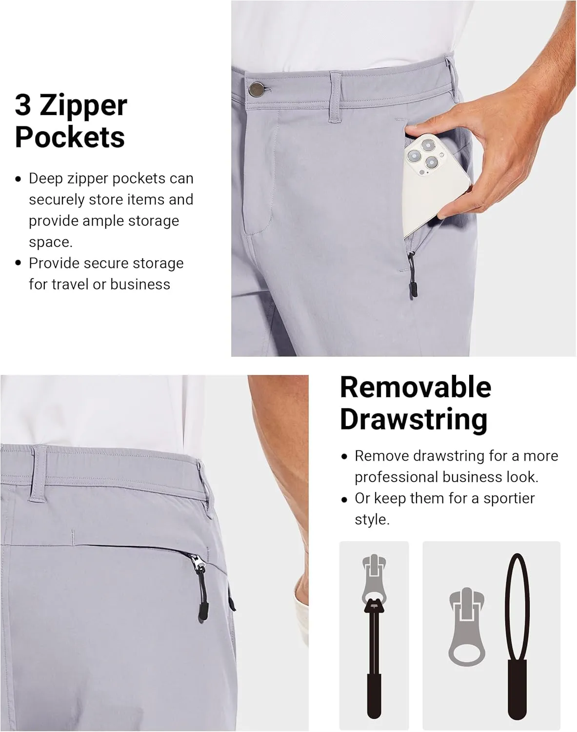 SPECIALMAGIC Golf Pants Men Stretch Slim fit Hiking Pants Lightweight Dress Casual Tapered Zipper Pockets