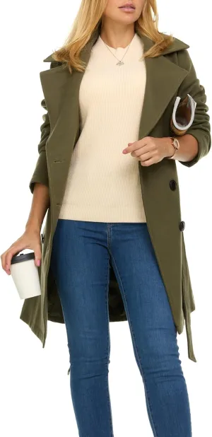 Steve Madden Trench Coat for Women – Double-Breasted Long Winter Faux Wool Coat