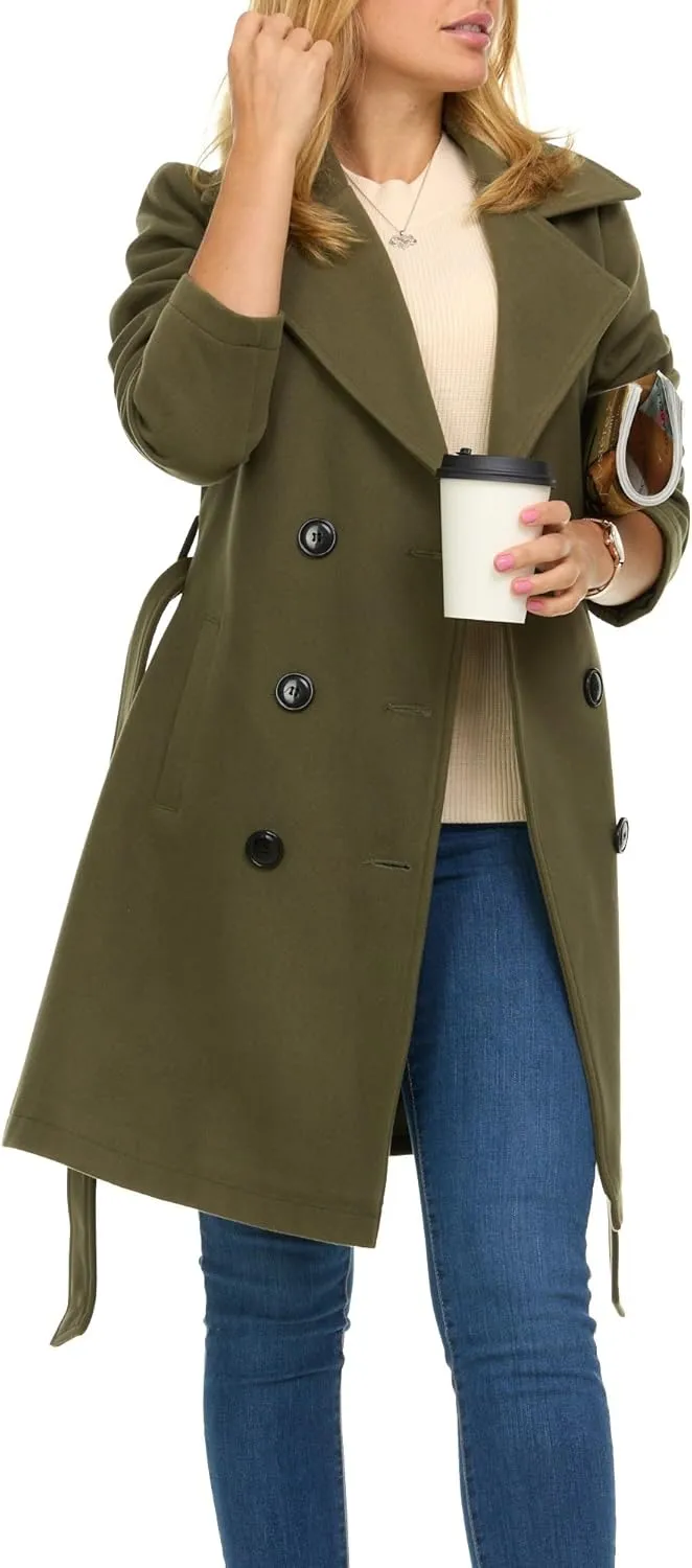 Steve Madden Trench Coat for Women – Double-Breasted Long Winter Faux Wool Coat