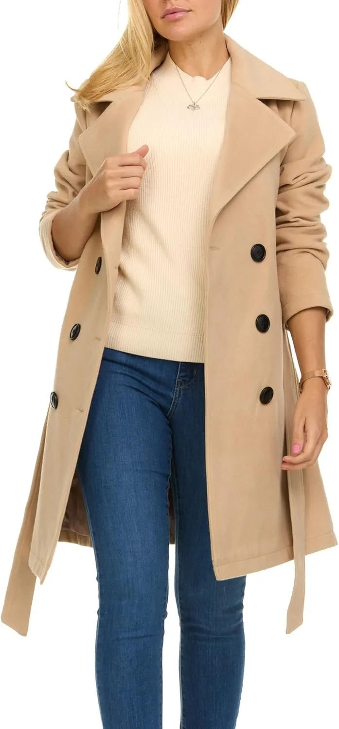 Steve Madden Trench Coat for Women – Double-Breasted Long Winter Faux Wool Coat