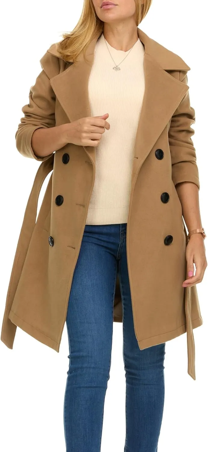 Steve Madden Trench Coat for Women – Double-Breasted Long Winter Faux Wool Coat