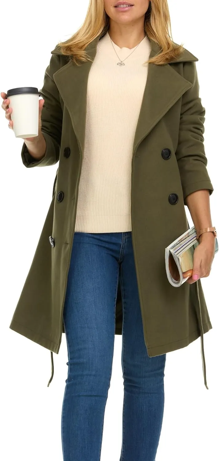 Steve Madden Trench Coat for Women – Double-Breasted Long Winter Faux Wool Coat