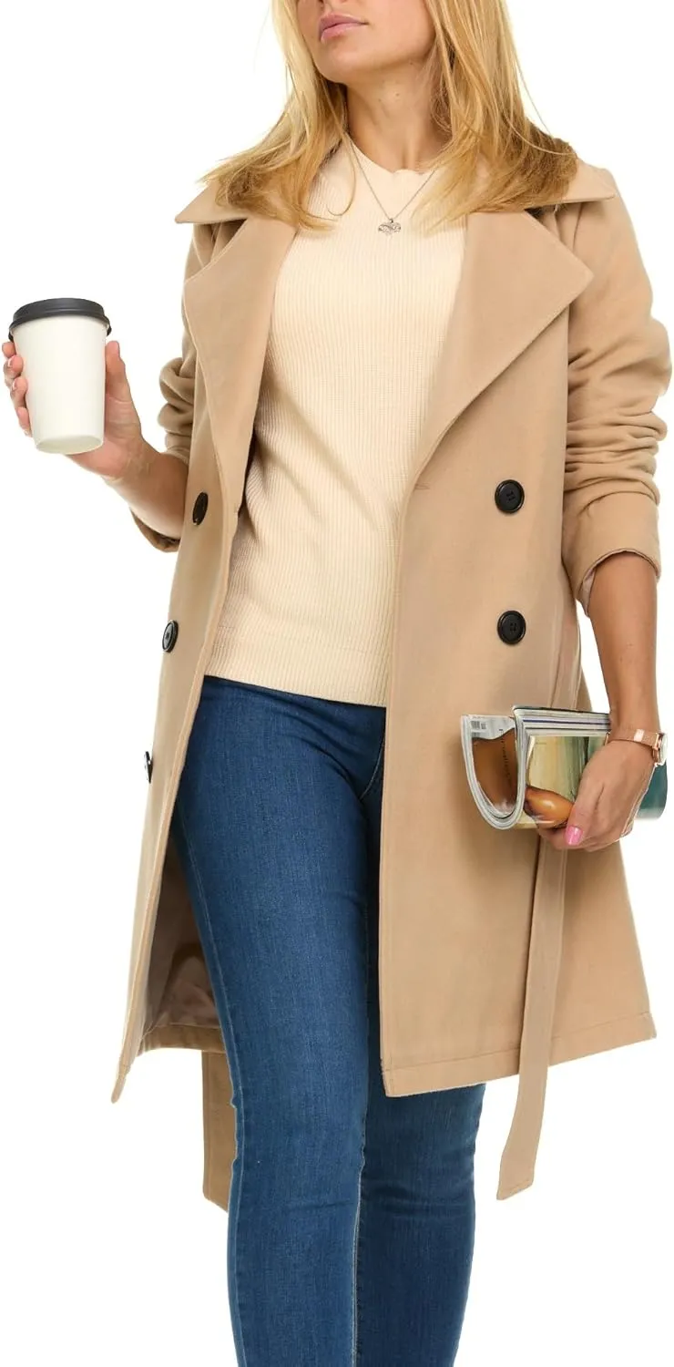 Steve Madden Trench Coat for Women – Double-Breasted Long Winter Faux Wool Coat