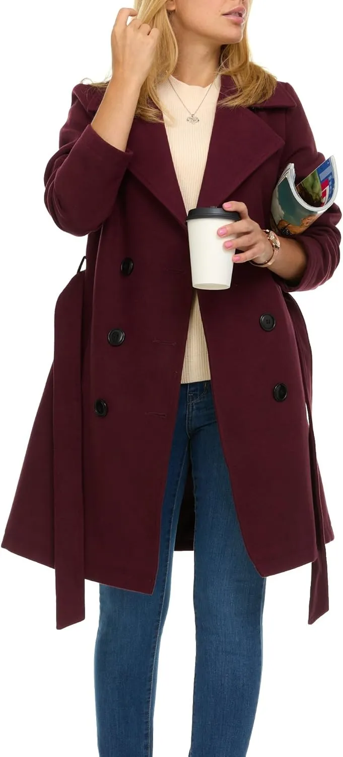 Steve Madden Trench Coat for Women – Double-Breasted Long Winter Faux Wool Coat