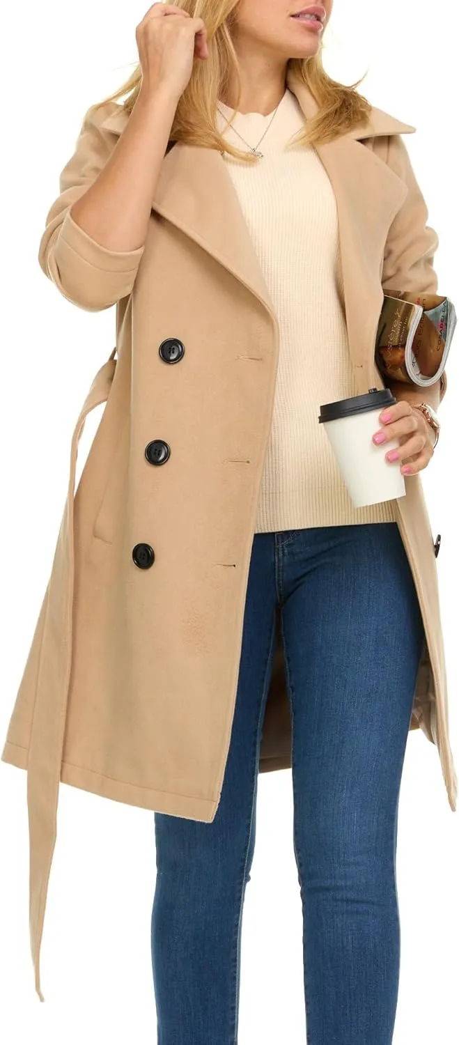Steve Madden Trench Coat for Women – Double-Breasted Long Winter Faux Wool Coat