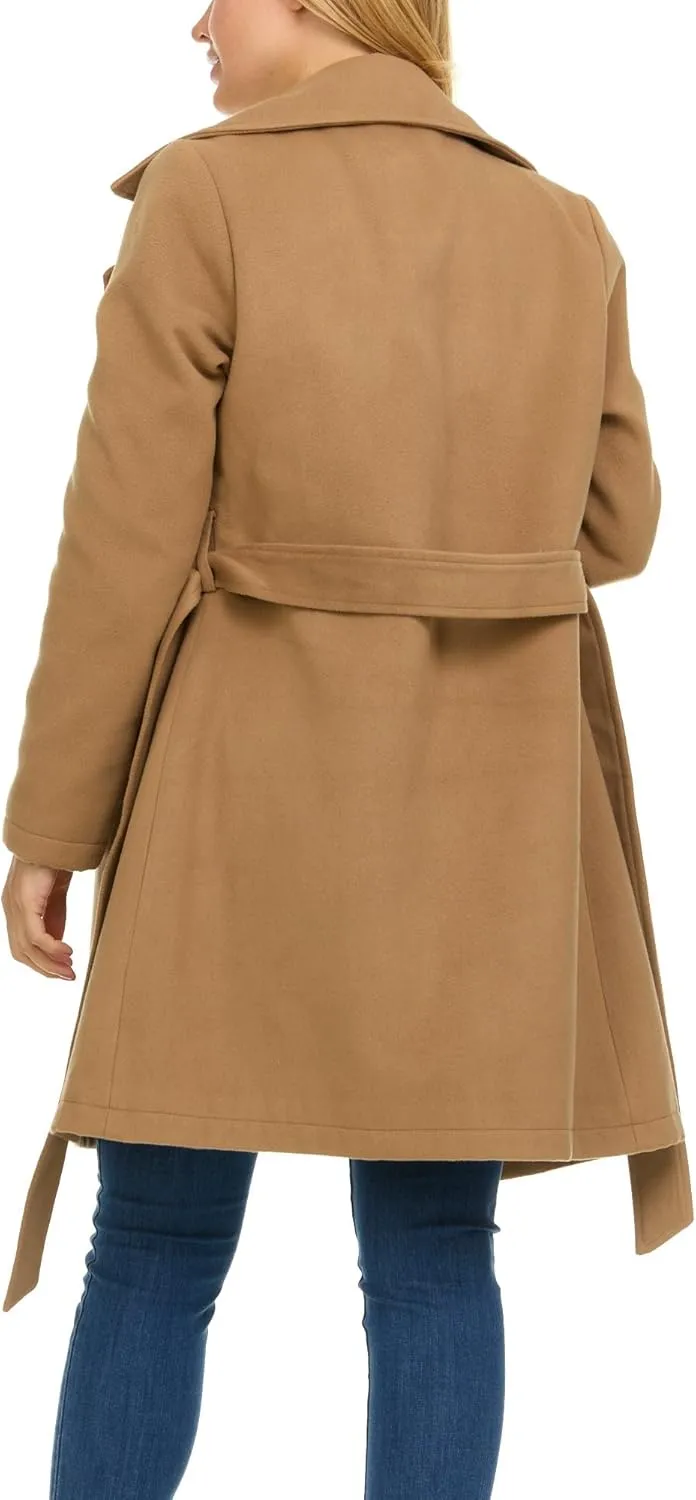 Steve Madden Trench Coat for Women – Double-Breasted Long Winter Faux Wool Coat