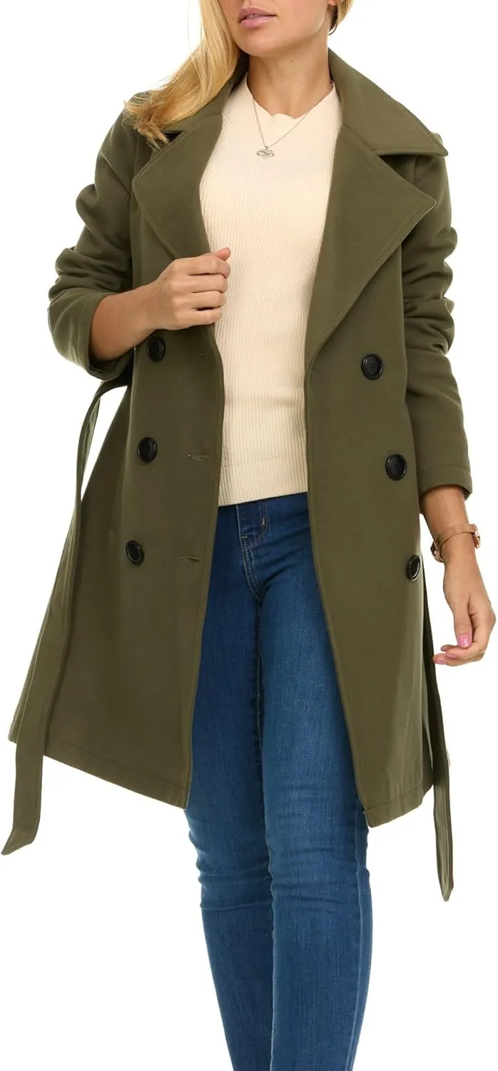 Steve Madden Trench Coat for Women – Double-Breasted Long Winter Faux Wool Coat