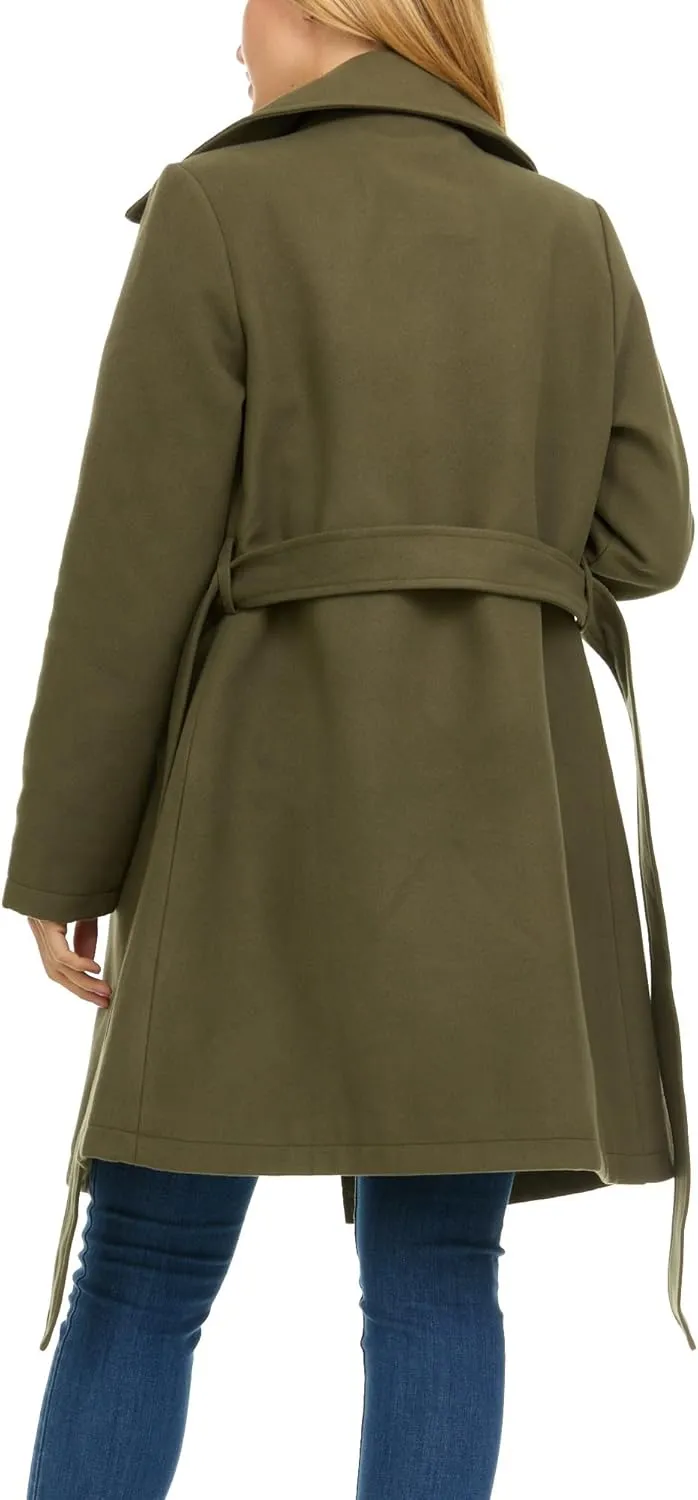 Steve Madden Trench Coat for Women – Double-Breasted Long Winter Faux Wool Coat
