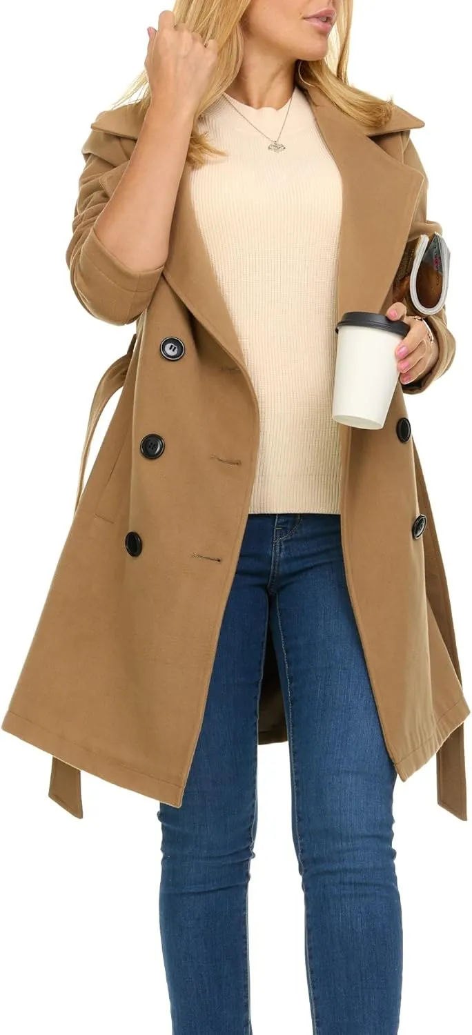 Steve Madden Trench Coat for Women – Double-Breasted Long Winter Faux Wool Coat