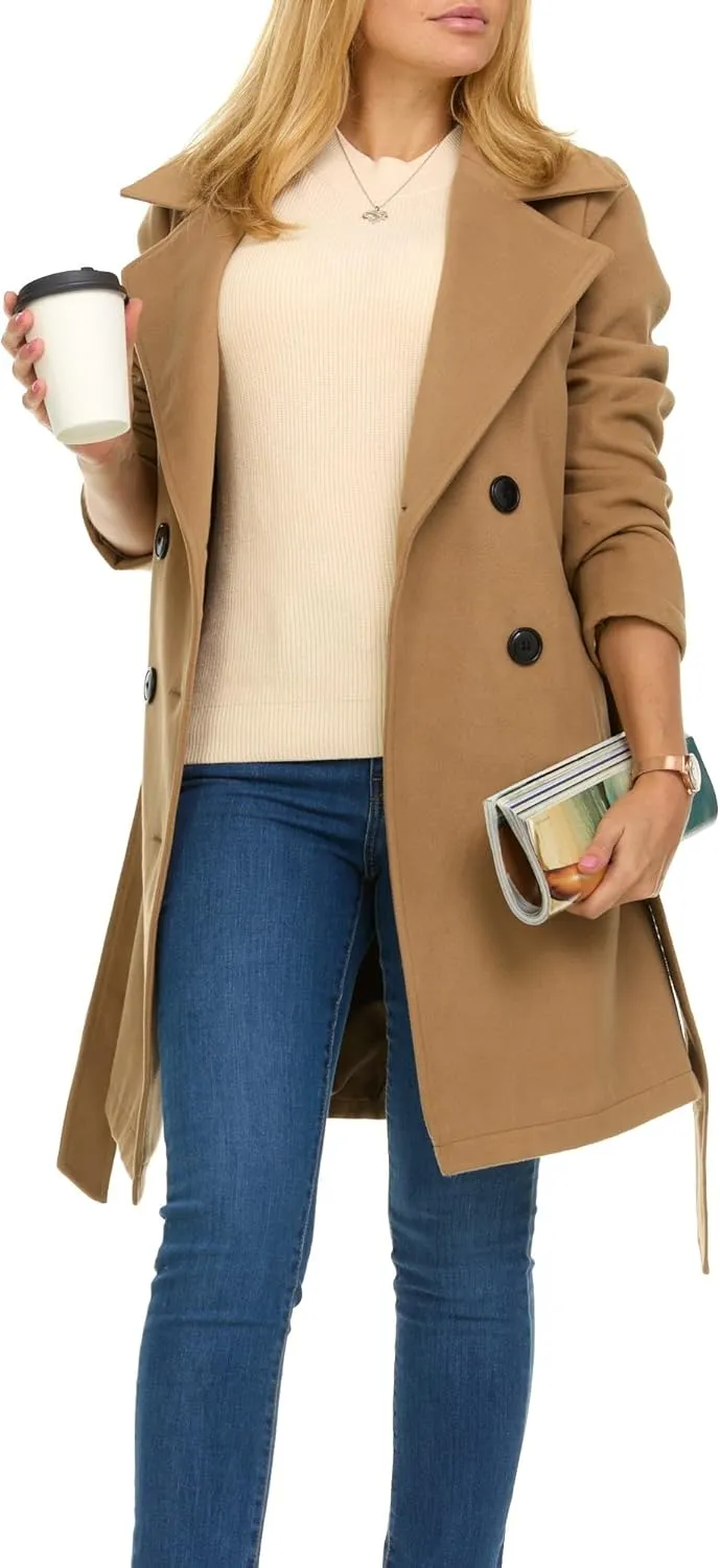 Steve Madden Trench Coat for Women – Double-Breasted Long Winter Faux Wool Coat