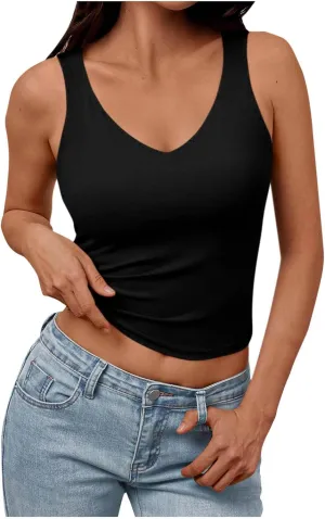Summer Basic Tees for Women Sexy Slim Fit Tank Tops with Built in Bra Sleveless Crop Shirts Casual Solid Basic Tees