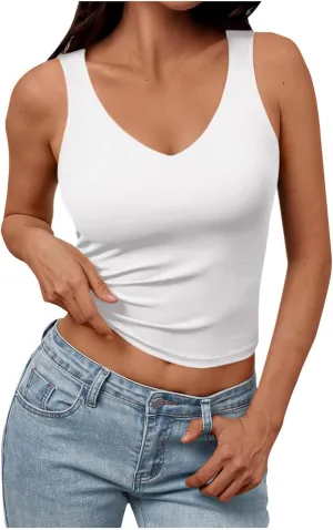 Summer Basic Tees for Women Sexy Slim Fit Tank Tops with Built in Bra Sleveless Crop Shirts Casual Solid Basic Tees