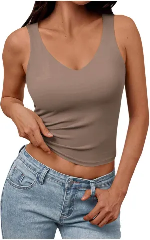 Summer Basic Tees for Women Sexy Slim Fit Tank Tops with Built in Bra Sleveless Crop Shirts Casual Solid Basic Tees