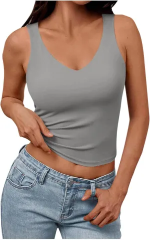Summer Basic Tees for Women Sexy Slim Fit Tank Tops with Built in Bra Sleveless Crop Shirts Casual Solid Basic Tees