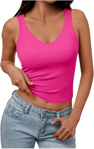 Summer Basic Tees for Women Sexy Slim Fit Tank Tops with Built in Bra Sleveless Crop Shirts Casual Solid Basic Tees