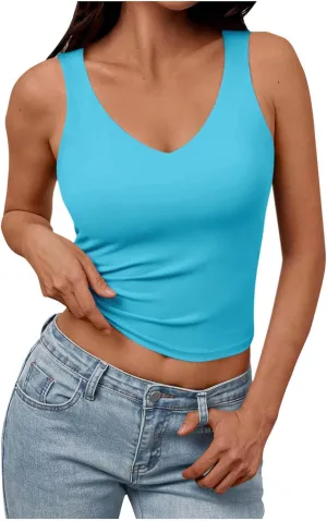 Summer Basic Tees for Women Sexy Slim Fit Tank Tops with Built in Bra Sleveless Crop Shirts Casual Solid Basic Tees