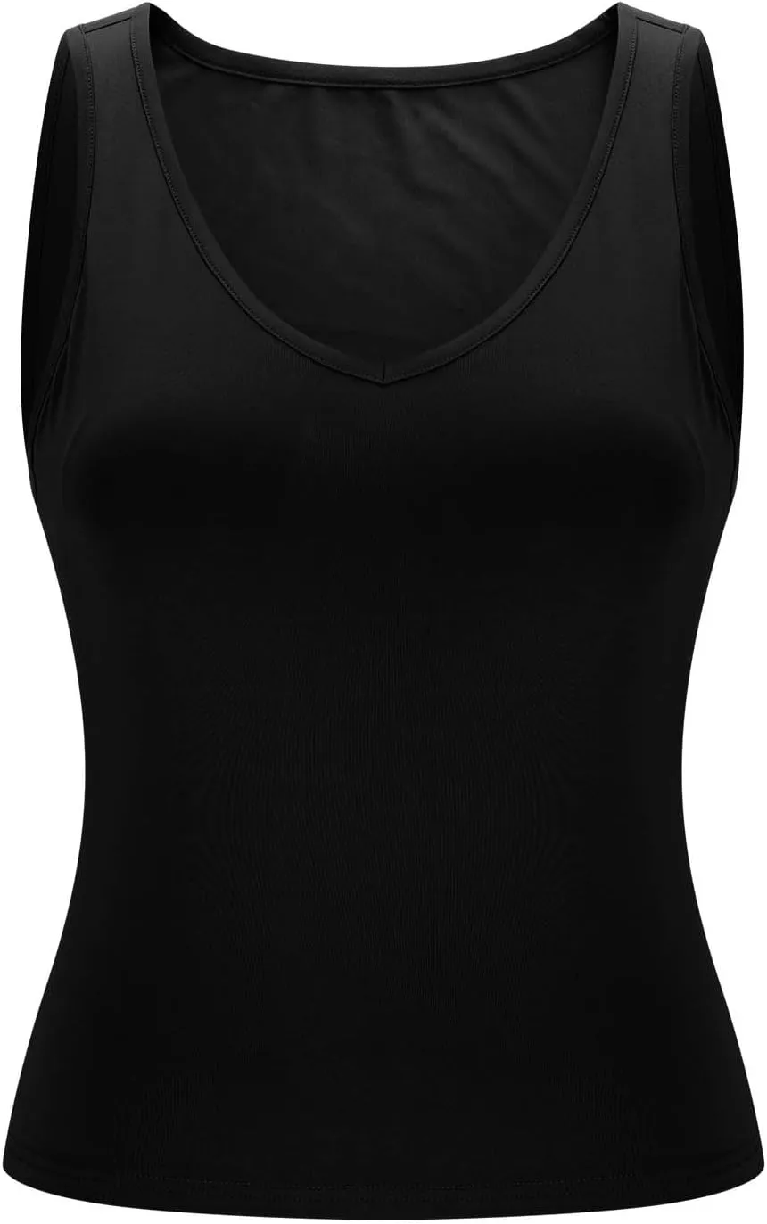 Summer Basic Tees for Women Sexy Slim Fit Tank Tops with Built in Bra Sleveless Crop Shirts Casual Solid Basic Tees