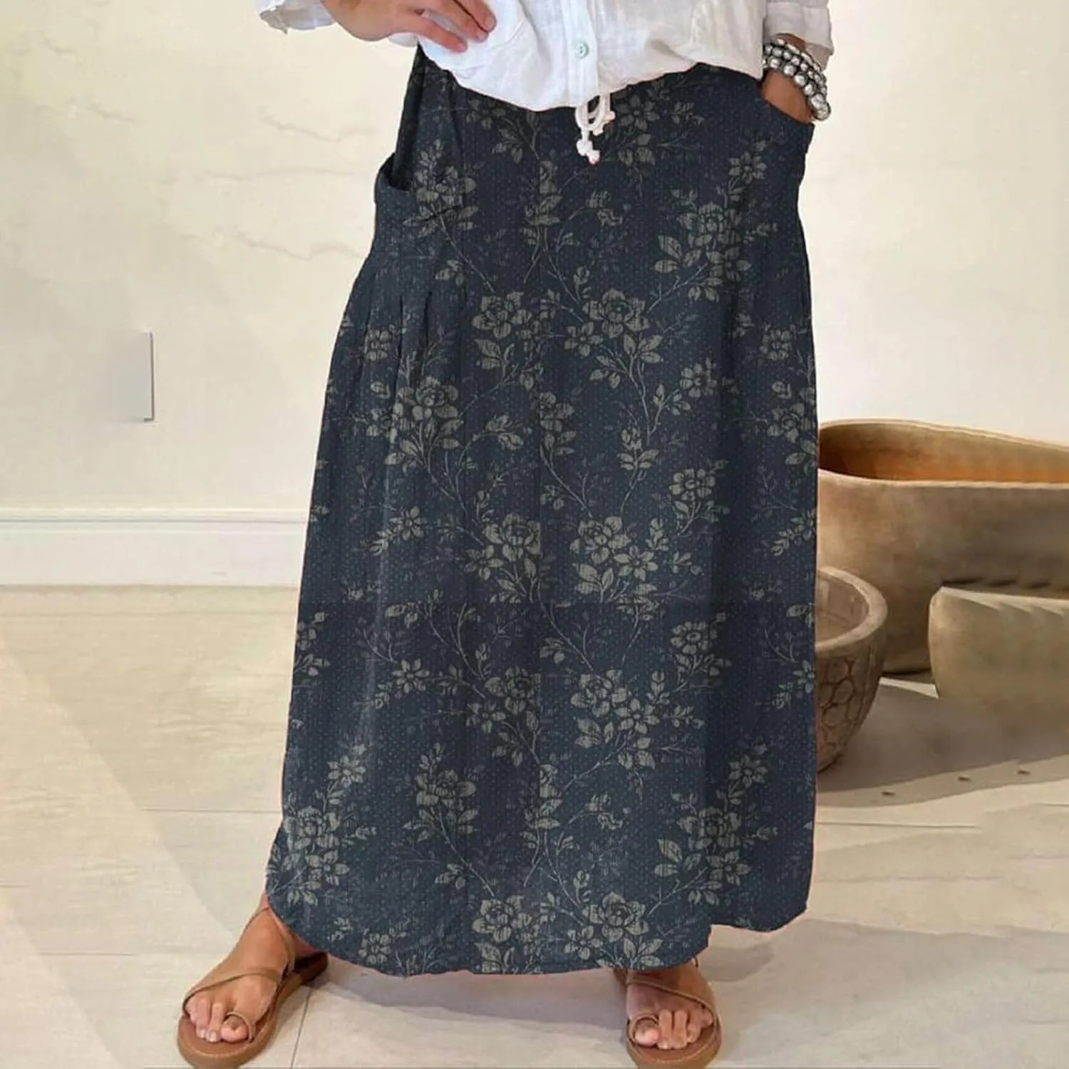 Summer Beach Casual Boho Floral Maxi Skirt Women Elastic High Waist Tiered Pleated Flowy Long Skirt