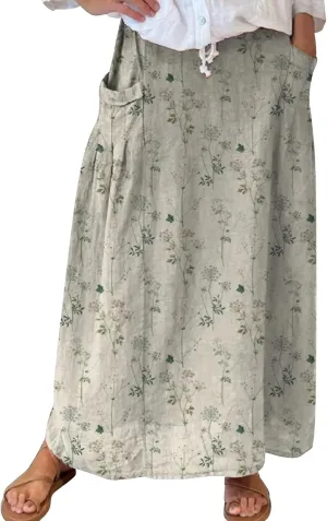 Summer Beach Casual Boho Floral Maxi Skirt Women Elastic High Waist Tiered Pleated Flowy Long Skirt