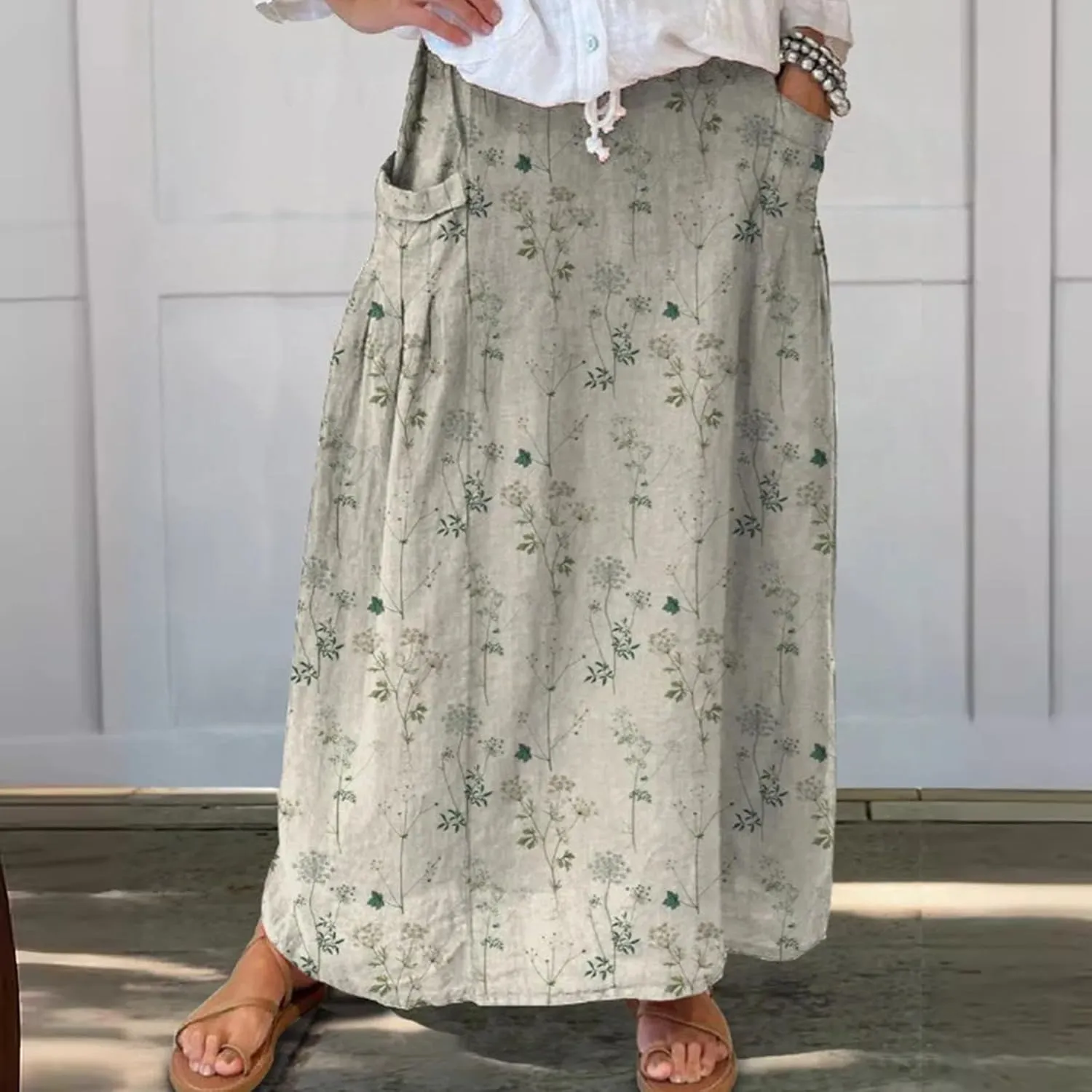 Summer Beach Casual Boho Floral Maxi Skirt Women Elastic High Waist Tiered Pleated Flowy Long Skirt
