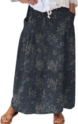 Summer Beach Casual Boho Floral Maxi Skirt Women Elastic High Waist Tiered Pleated Flowy Long Skirt