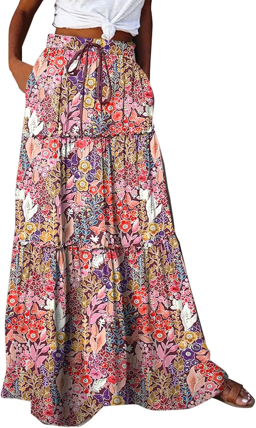 Summer Beach Casual Boho Floral Maxi Skirt Women Elastic High Waist Tiered Pleated Flowy Long Skirt