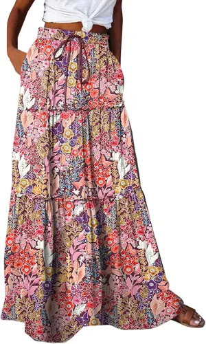 Summer Beach Casual Boho Floral Maxi Skirt Women Elastic High Waist Tiered Pleated Flowy Long Skirt