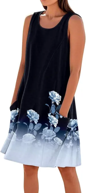 Summer Dresses for Women 2025 Loose Beach Vacation Clothes Sleeveless Linen Sundresses with Pocket Tank Dress