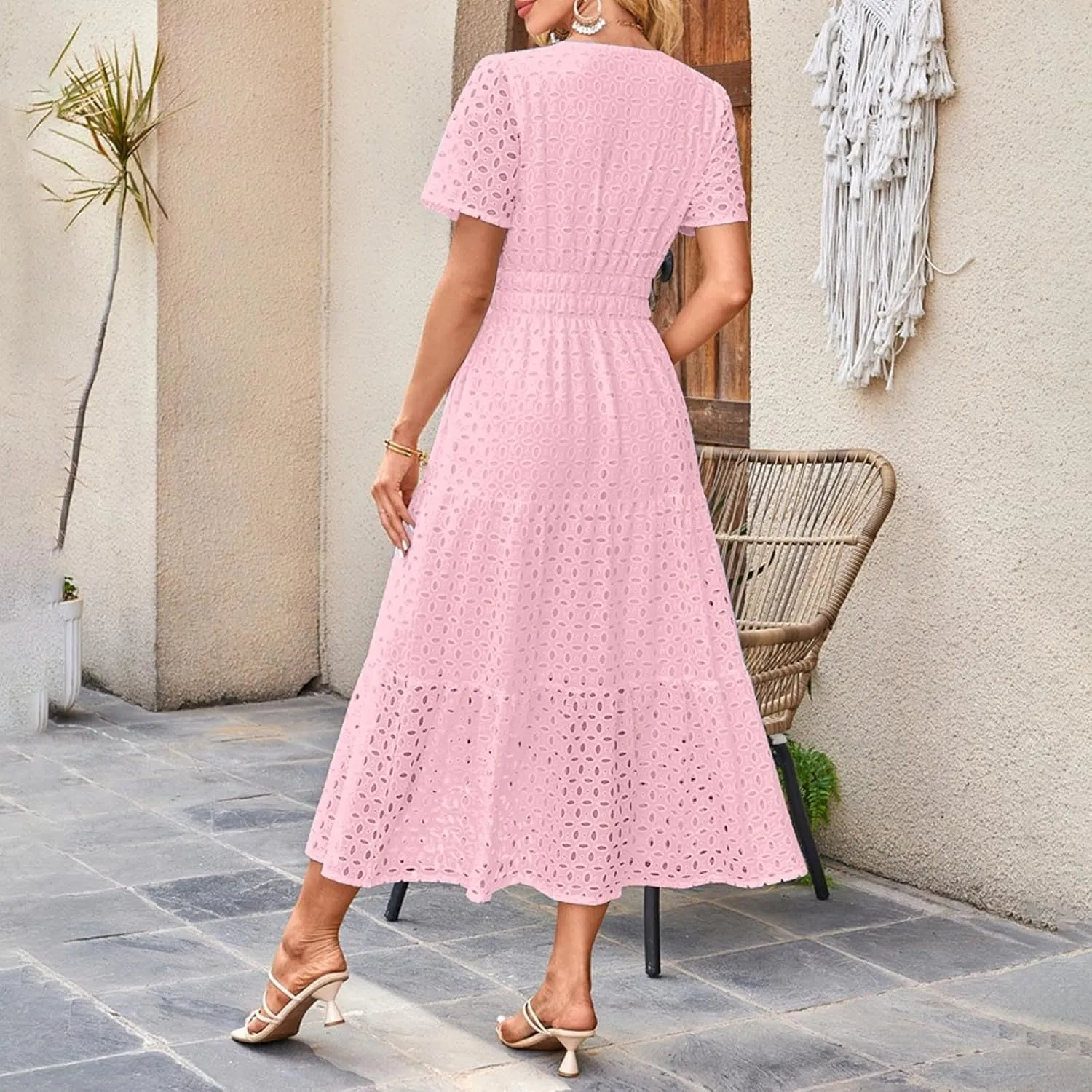 Summer Dresses for Women 2025 Short Sleeve Eyelet Hollow Cut Dress Boho Casual Long Maxi Dresses with Pockets