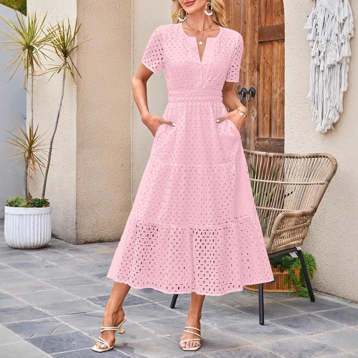 Summer Dresses for Women 2025 Short Sleeve Eyelet Hollow Cut Dress Boho Casual Long Maxi Dresses with Pockets