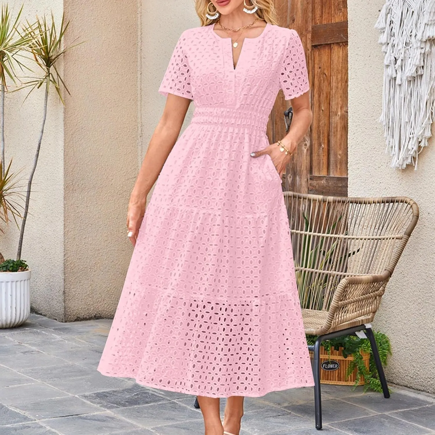 Summer Dresses for Women 2025 Short Sleeve Eyelet Hollow Cut Dress Boho Casual Long Maxi Dresses with Pockets
