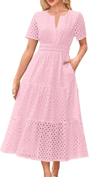 Summer Dresses for Women 2025 Short Sleeve Eyelet Hollow Cut Dress Boho Casual Long Maxi Dresses with Pockets