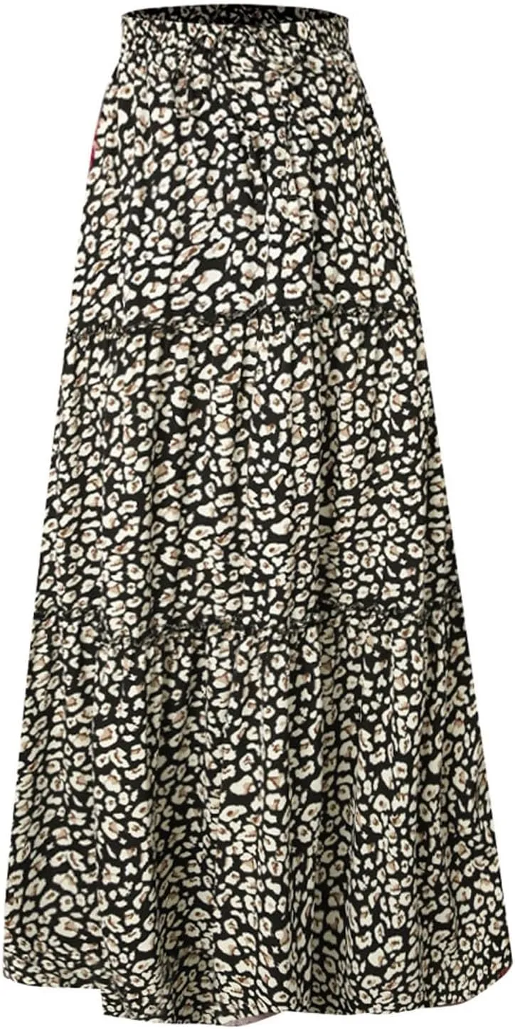 Summer Flowy Boho Floral Maxi Skirt Women Elastic High Waist Tiered Pleated Casual Beach Long Skirt
