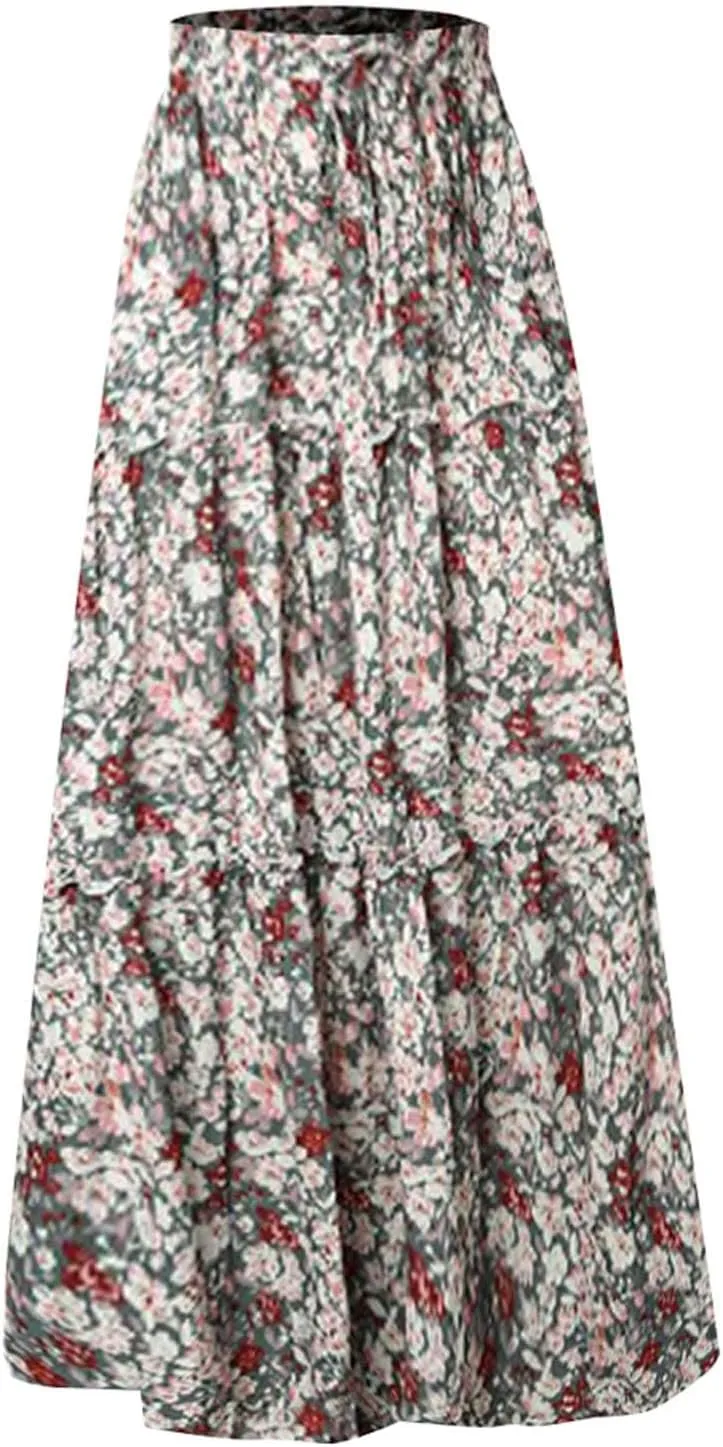 Summer Flowy Boho Floral Maxi Skirt Women Elastic High Waist Tiered Pleated Casual Beach Long Skirt