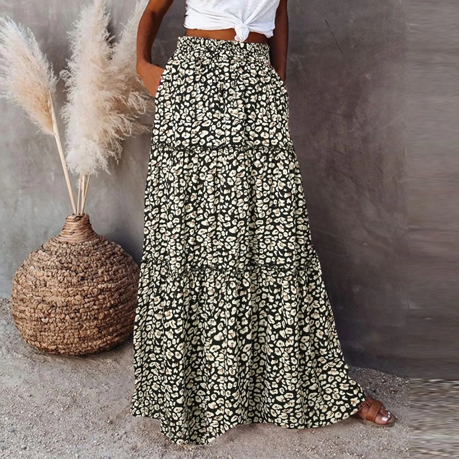 Summer Flowy Boho Floral Maxi Skirt Women Elastic High Waist Tiered Pleated Casual Beach Long Skirt