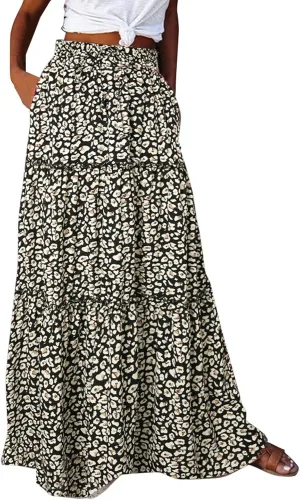 Summer Flowy Boho Floral Maxi Skirt Women Elastic High Waist Tiered Pleated Casual Beach Long Skirt